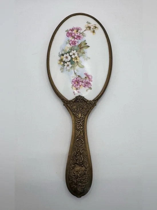 Vintage Porcelain Hand Painted Floral Brass Victorian Beveled Glass Hand Mirror