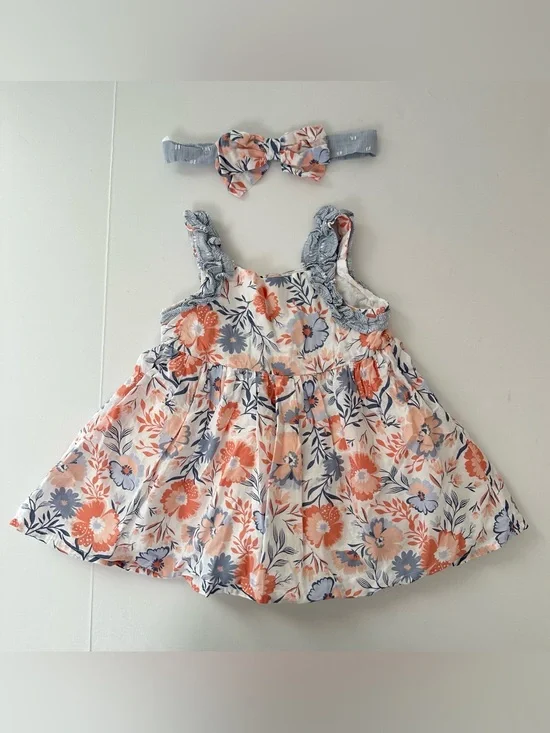 Tahari Baby Girl Dress in Coral and Navy Floral Sundress with Bow
