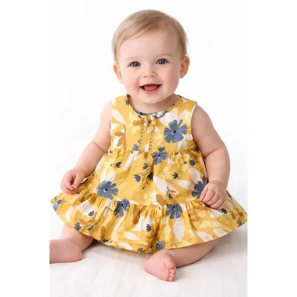 Tommy Bahama Baby Dress Girls 3 - 6 Month Sleeveless Yellow Blue Floral Ruffle
