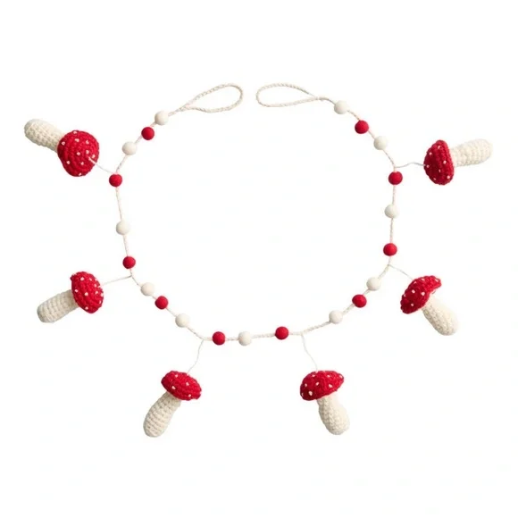Red and White Crocheted Wool Mushroom Garland 48 inches