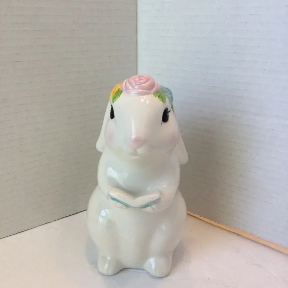 Ceramic Bunny Figurine holding book with Floral Accents