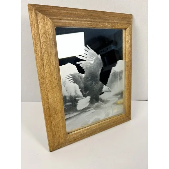 Framed Etched Bald Eagle Decorative Accent Mirror Oak Frame 10