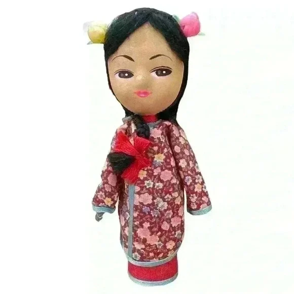VTG Mid Century Handmade Painted Chinese Peg Doll with Red Floral Robe