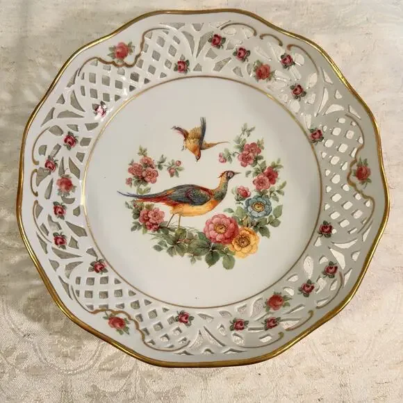 Antique Schumann Arzberg Reticulated German Plate Birds Of Paradise & Florals