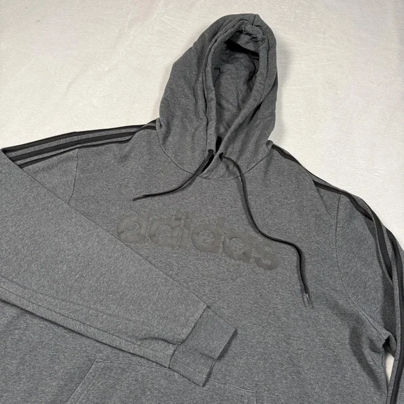 Adidas Hoodie Mens 2XL Gray Pullover Fleece 3 Stripes Logo Sweatshirt‎ Athletic