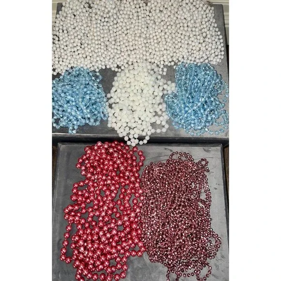 Vintage Christmas Bead Garland Hue Lot Pearl Pink Blue 60+ Yards, Holiday Decor,