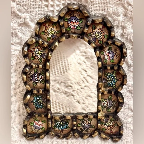 Handcrafted Floral Motifs Painted Glass Wood Arch Wall Mirror Black Bronze Leaf