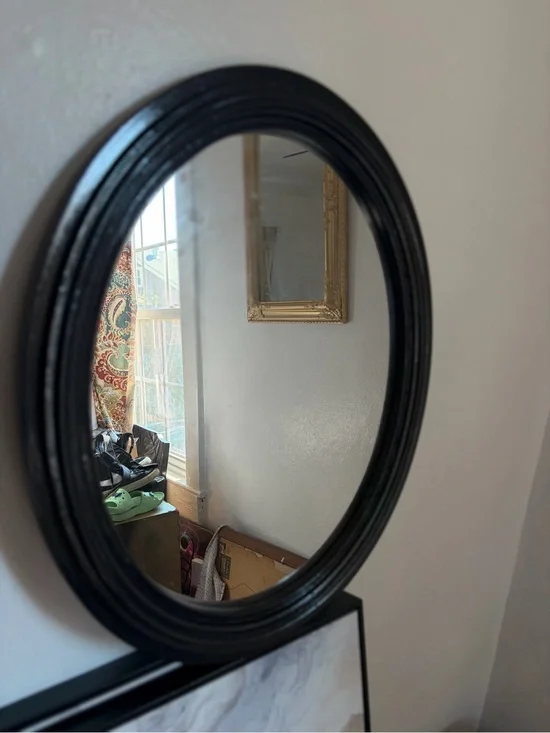 Oval Black Wall Mirror with Classic Wood Rounded Frame