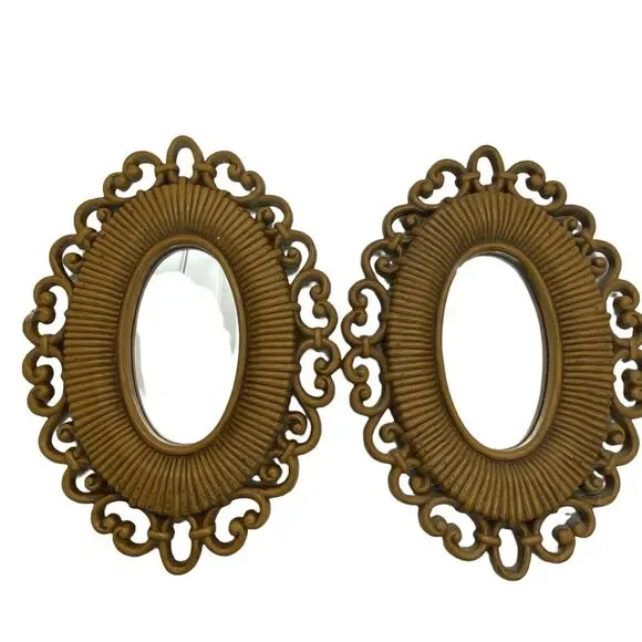 Ornate Mirrors Homco Brown Molded Plastic Faux Rattan Set of 2 Vtg 1978
