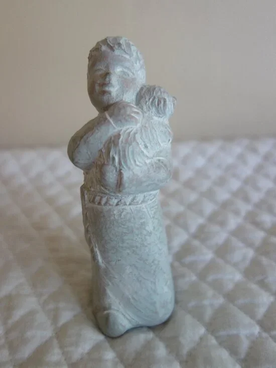 Vntg 2001 ISABEL BLOOM Greenish Hue Concrete Art Figurine Angel Boy w/ Dog