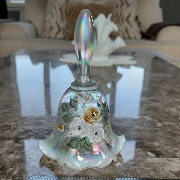 Fenton 95th Anniversary, Irredescent Hand Painted Glass Bell, 6 1/2
