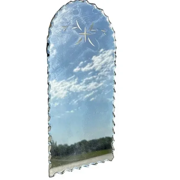 Vtg 1930’s Arched Frameless Etched Mirror Art Deco Tall Scalloped Pie Crust 18”h