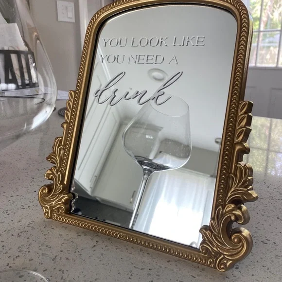 Gold Ornate “you need a drink” wedding/ event bar mirror