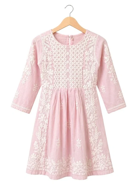 VTG Girls‎ Pink Cotton White Floral Embroidered Dress XL 14/16 Cottagecore Indie
