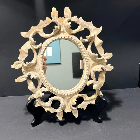 Vtg Cream/Gold Ornate Oval Wall Mirror Baroque/Hollywood Regency Style 15x12.5