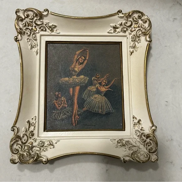 Vintage Ballerina Print Ornate Resin White/Gold Frame Hollywood Regency