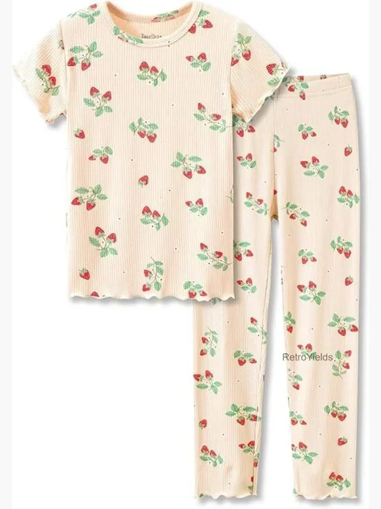 Girls Pajama Set - Strawberry Fruit Print Tee & Pants PJs 2T-10