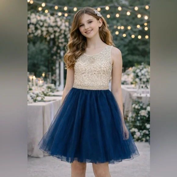 Calla Collection Navy & Gold Tween Special Occasion Dress | Beaded‎ Tulle Skirt