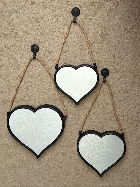 3-Piece Heart-Shaped Wall Mirror Set - Hanging Decorative Mirrors with Rope