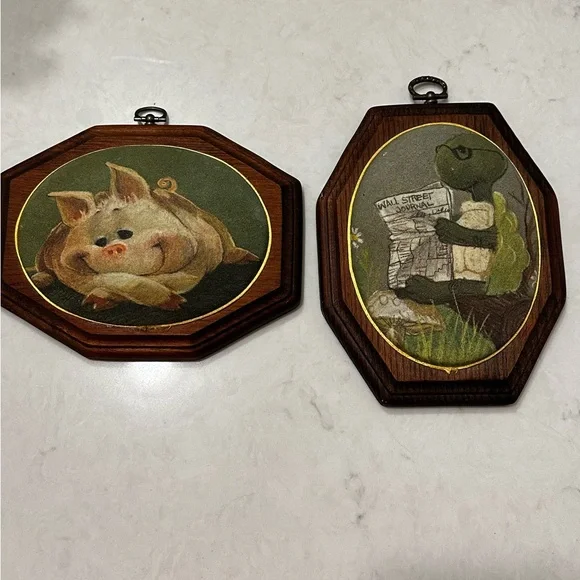 Vintage Wood Plaque Pig Turtle Set Of 2 70s Farmhouse Whimsical