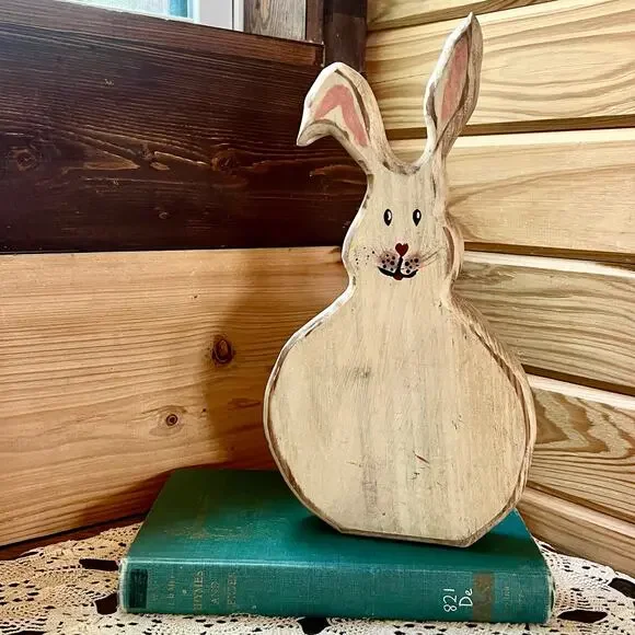 Vintage Hand Carved Wood Bunny Folk Art Rabbit Primitive Cottage Nursery Decor