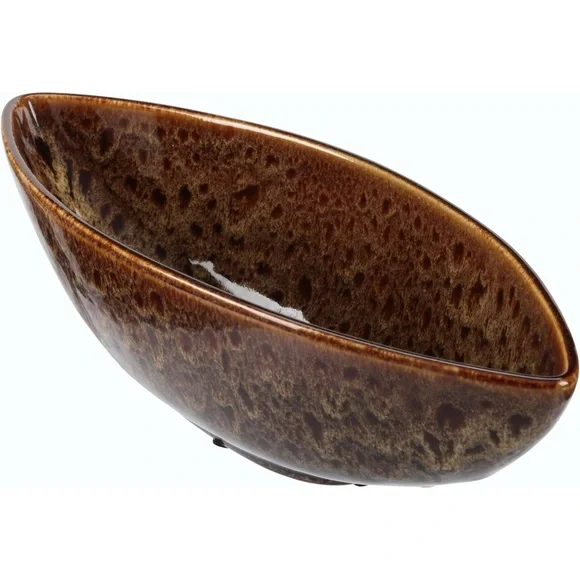 14” Ceramic Boat Bowl Oval Decorative Peacock‎ Feather Brown Red Maroon Tan