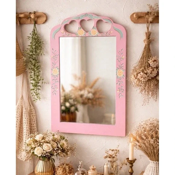 Vintage Pink Heart Hand Painted Floral Wall Mirror Cottage Granny Core 20x14.5