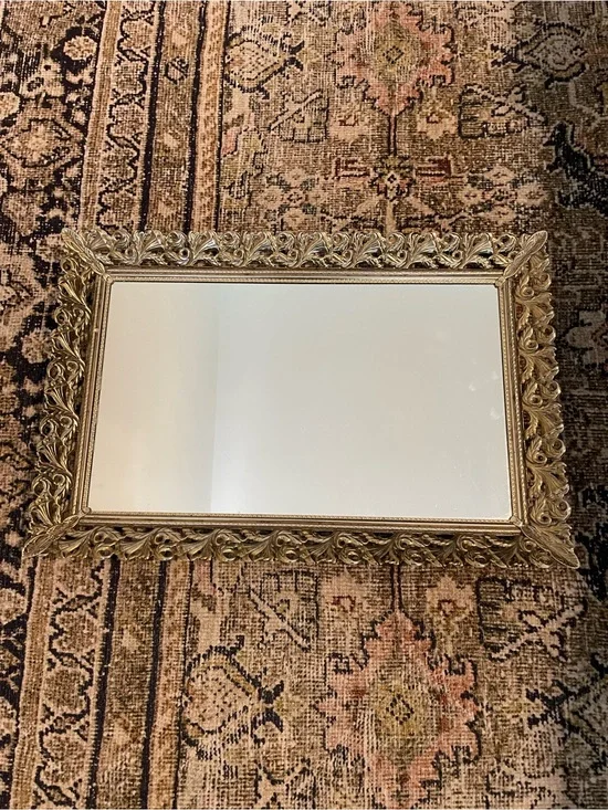 Vintage Brass Gold Filigree Vanity Mirror Tray 15x10” Standing Wall Decor
