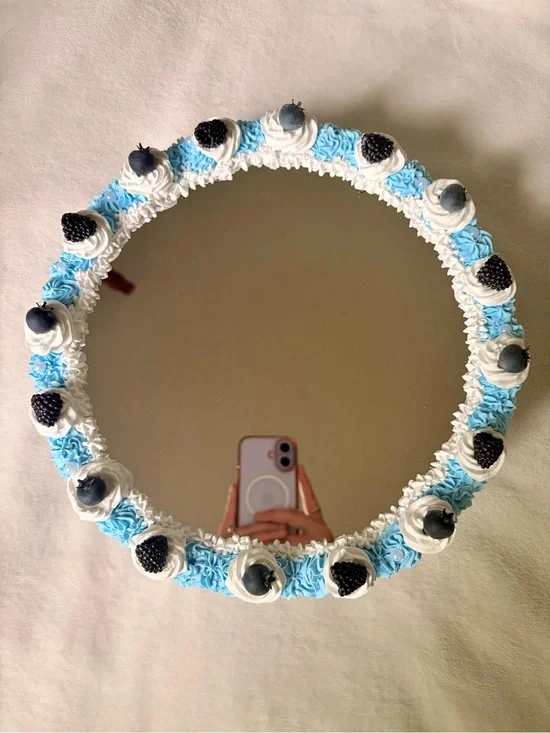 Round Blueberry/Blackberry Mirror with Blue and White Frosting Trim