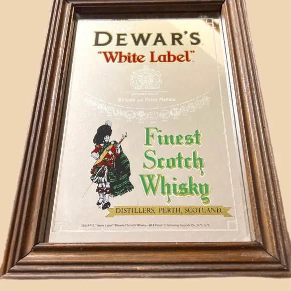 Vintage Scotch Whisky Dewars White Label Bagpiper Framed Mirror Sign 14