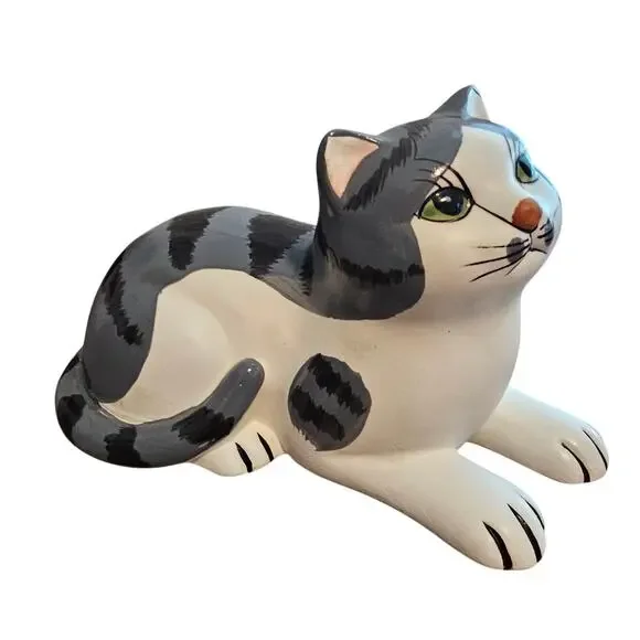 Vintage 1985 Royal Orleans Ceramic Tabby Cat Figurine Gray White Kitty Japan