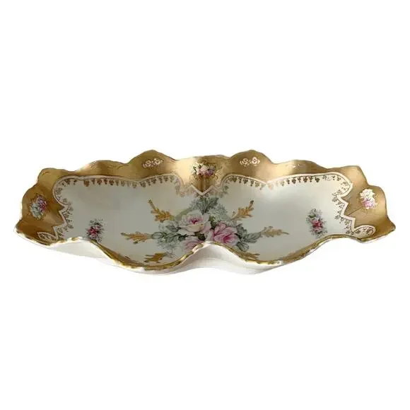 VINTAGE ROYAL CROWN Hand Painted Gold Rose Pattern Candy Dish Gold Trim 11