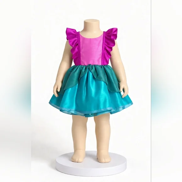 Girls Satin Ruffle Dress in Fuchsia and Teal