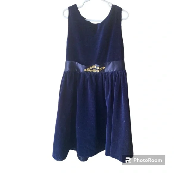 Gymboree‎ Navy Blue Velvet Party Dress Size 8 w/ Satin Bow & Rhinestones