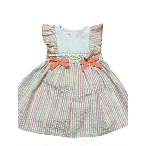 Bonnie Baby NWT Spring Birds Smocked Pastel Striped Dress 12 Months
