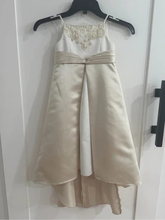 David's Bridal 2T Flower Girl Satin Dress High-Low Train - Ivory/Champagne