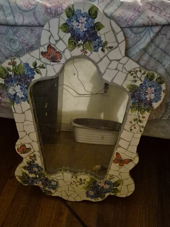 Handmade Mosaic Floral Mirror with Blue Hydrangeas and Butterflies