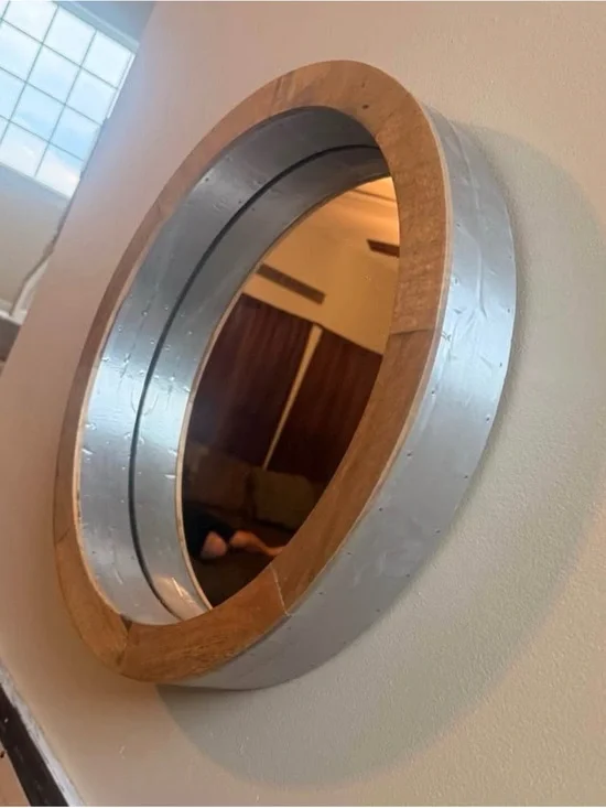 Kirklands Round Wood and Silver Wall Mirror