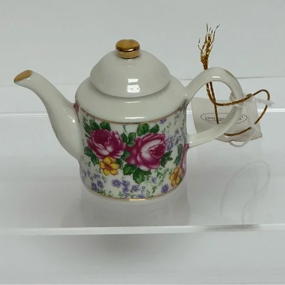 Mini Tea Pot 3” Decorative Floral Design Gold Trim Cottage Core