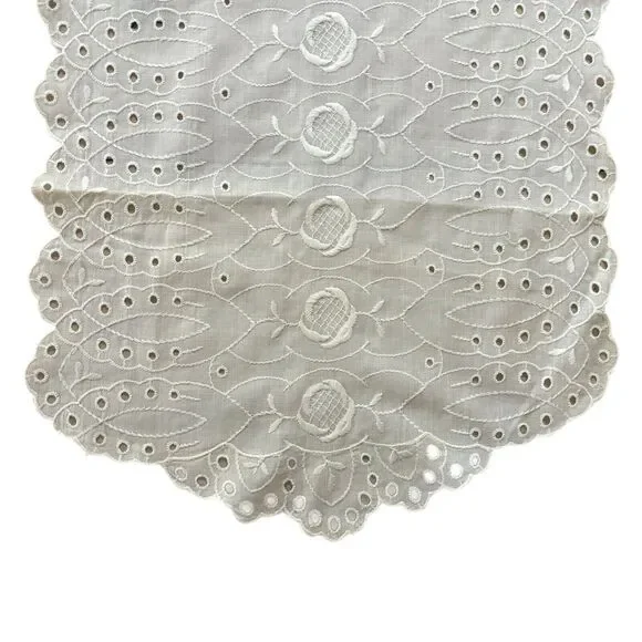 Vintage Embroidered Eyelet Dresser Scarf Table Runner Cottage Core Shabby Decor