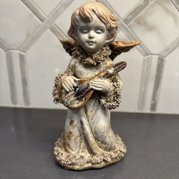 Vintage Cherub Angel Playing Mandolin Lute Resin 6” Spaghetti Trim Holy EUC