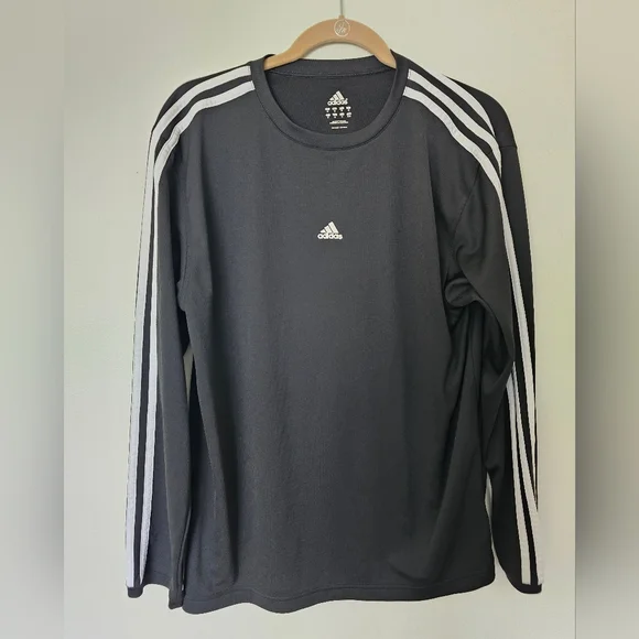Adidas Black and White Long Sleeve Tee with Three-Stripe Design