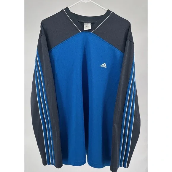 VTG Adidas Long Sleeve Heavyweight Shirt Size XL Electric Blue White Stripes Y2K