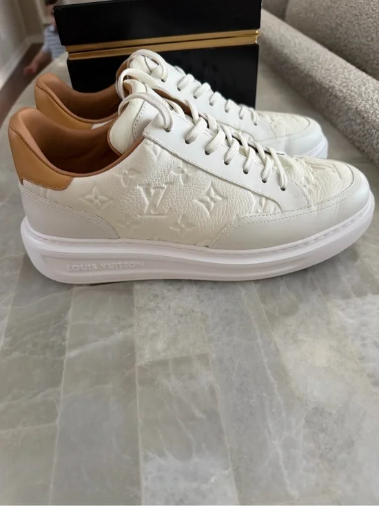 Louis Vuitton Men’s White and Tan Low-Top Sneaker with Monogram Emboss