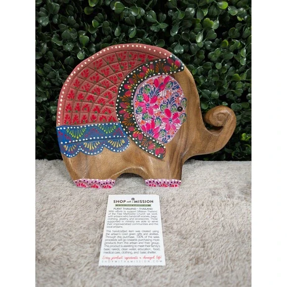 Shop With A Mission Thailand Hand Painted Wooden Elephant Trinket Dish Bowl