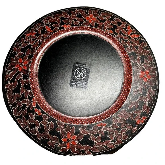 Pier 1 Large Round 13 inch 3 Decorative Wooden Charger Plates Red Black Floral