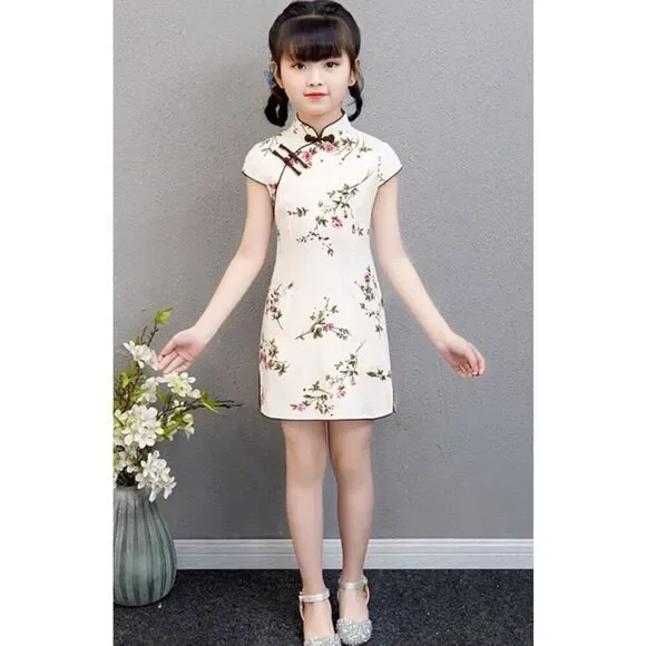 Kid's Floral Linen Cheongsam / Qipao Dress