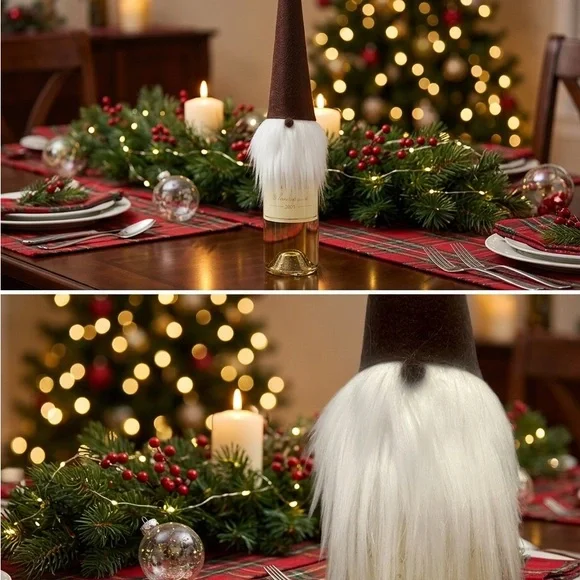 Holiday Gnome Wine Bottle Cover - Brown Hat with White Beard or Green Hat