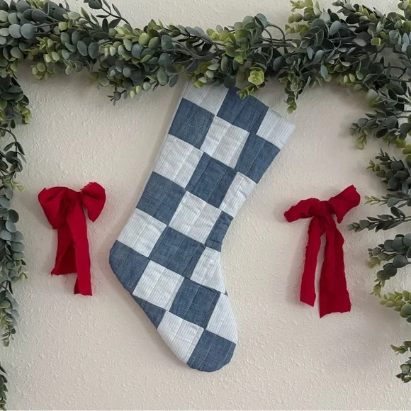 Blue and White Checkered Holiday Stocking