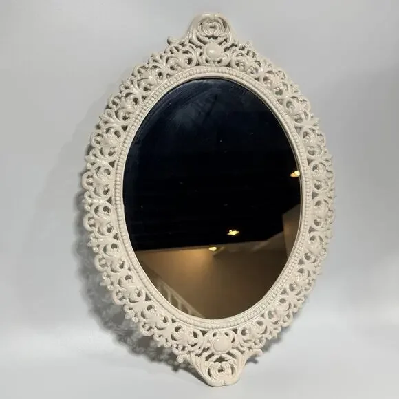 Vintage Oval Antique White French Ornate Metal Framed Mirror Filigree 13x18